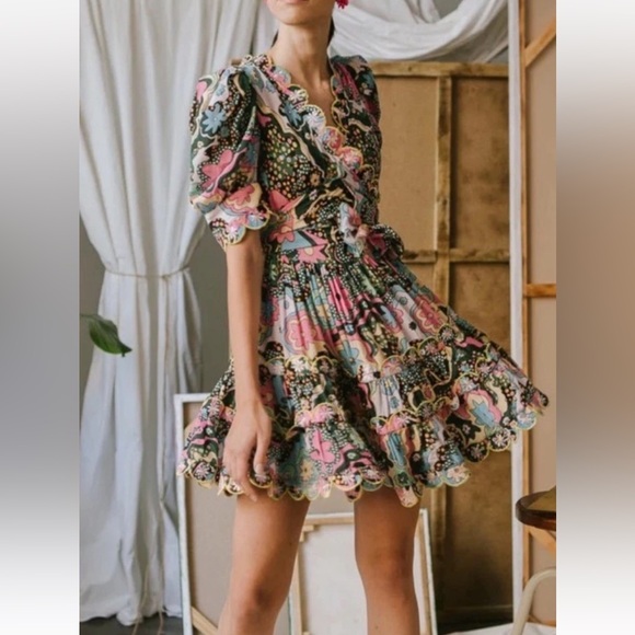 CeliaB Hortensia Mini Short Puff Sleeve Floral Belted Dress Sz XS - Picture 2 of 9